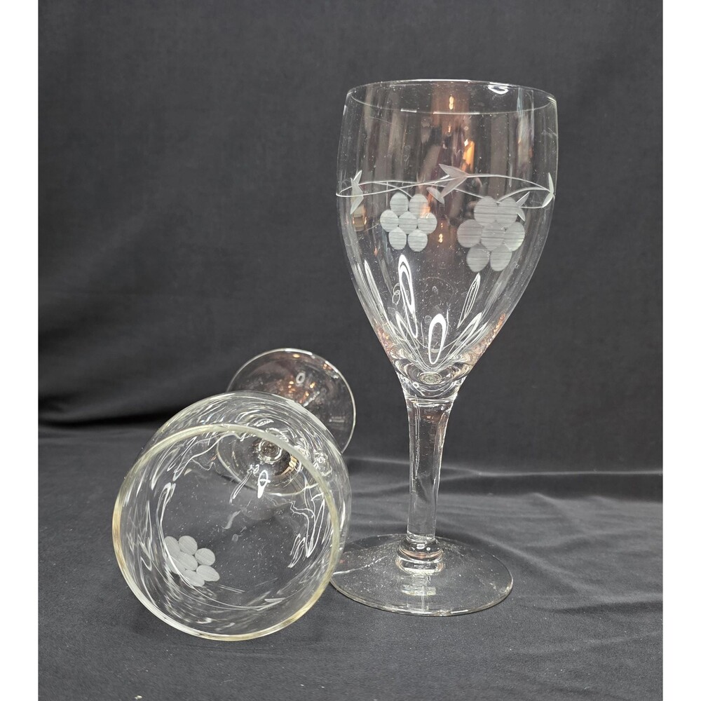 Vintage Etched Grape Vine Stemmed Water Glasses | Pair | Clear Glass 7" Tall
